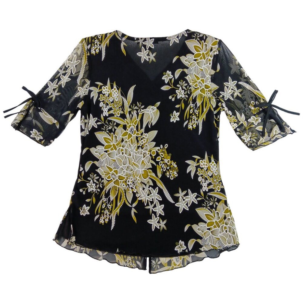 Design Works- Women's Top-Black, Green-White floral- PSMALL-Lined 3/4 Sleeve - Picture 3 of 14
